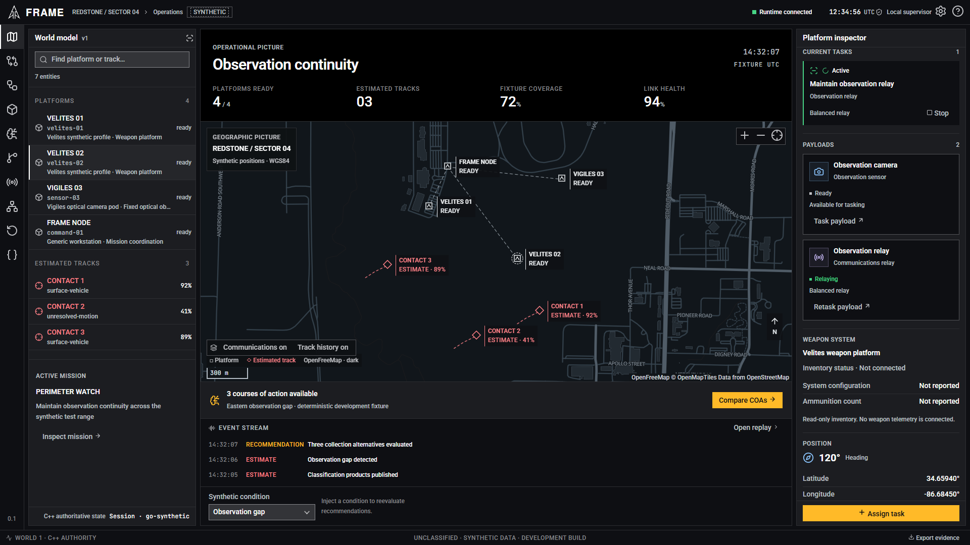 Frame asset inspector scrolled to synthetic camera and relay payloads beside the shared geographic picture.