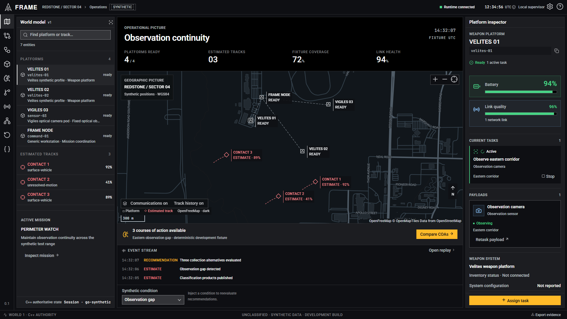 Frame Operations with real geographic basemap, synthetic platforms, red contacts and the selected asset's health and current tasks.
